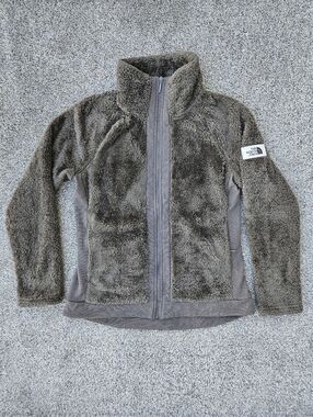The North Face Furry Fleece Jacket Womens M Gray Patch Full Zip Pockets Outdoors